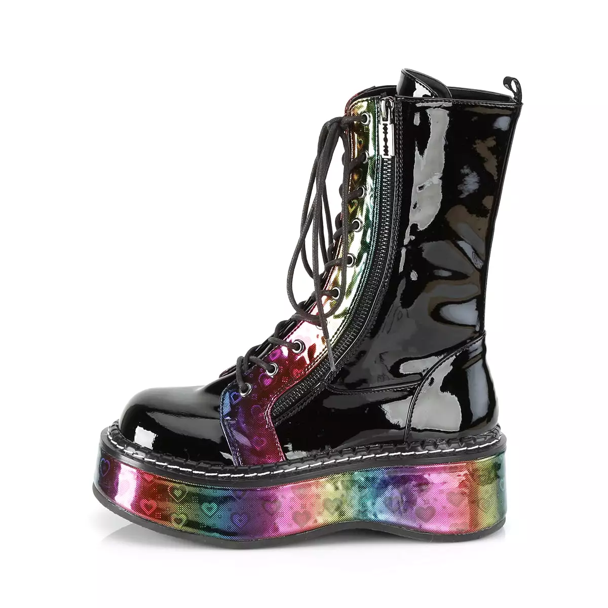 2 Inch Platform EMILY-350 Black Patent-Rainbow Hologram With Hearts