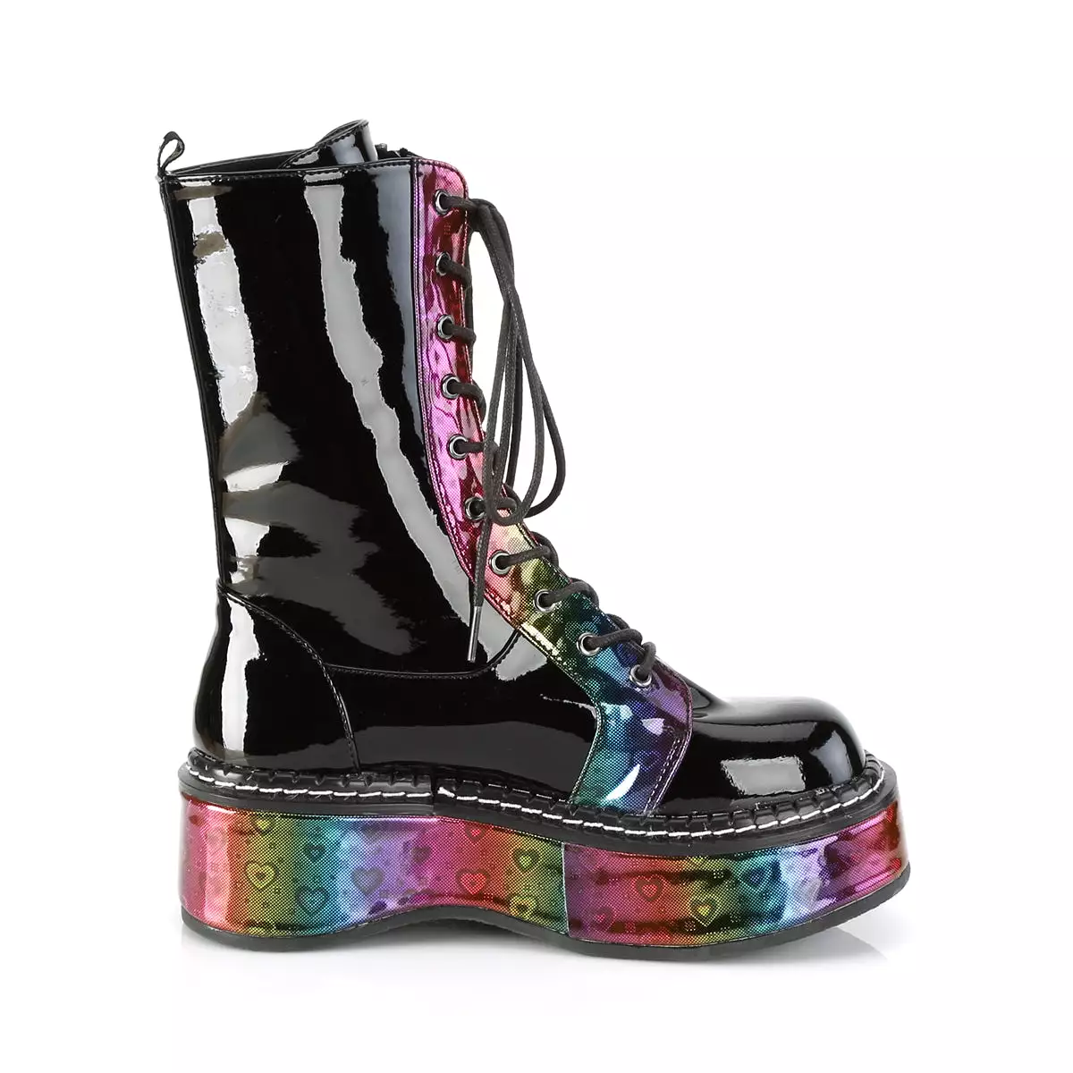 2 Inch Platform EMILY-350 Black Patent-Rainbow Hologram With Hearts