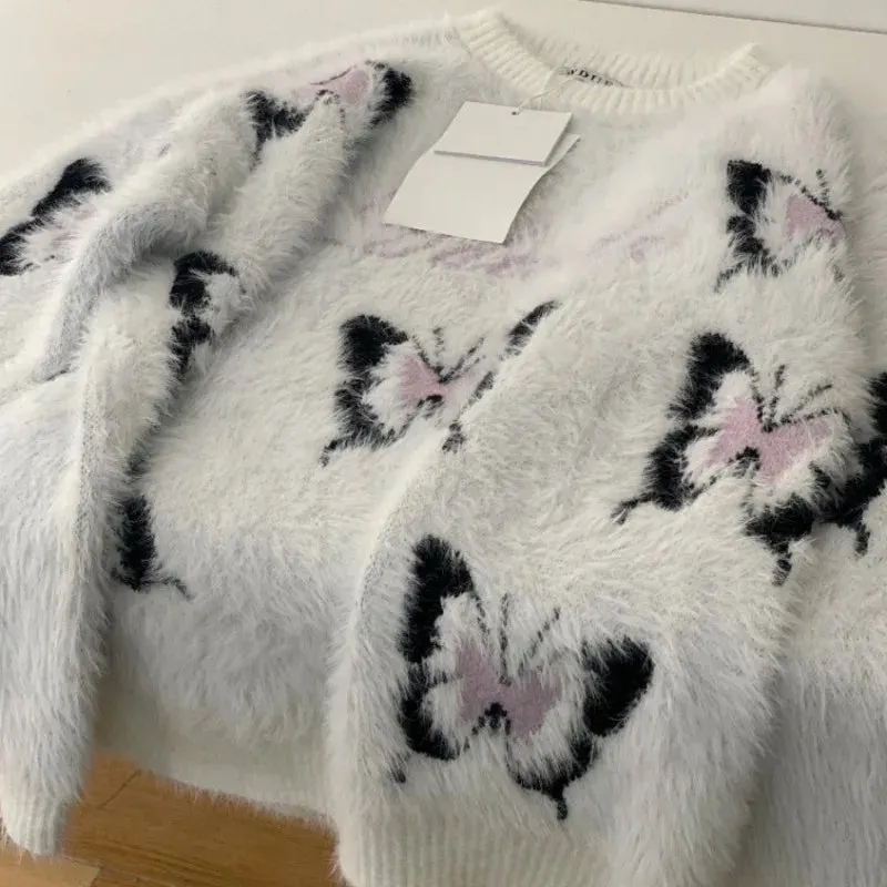 Butterfly Mohair O-neck Butterfly Sweater Mujer Autumn Winter New Loose Lazy Pullovers E-Girl Long Sleeve Knitted Tops Women