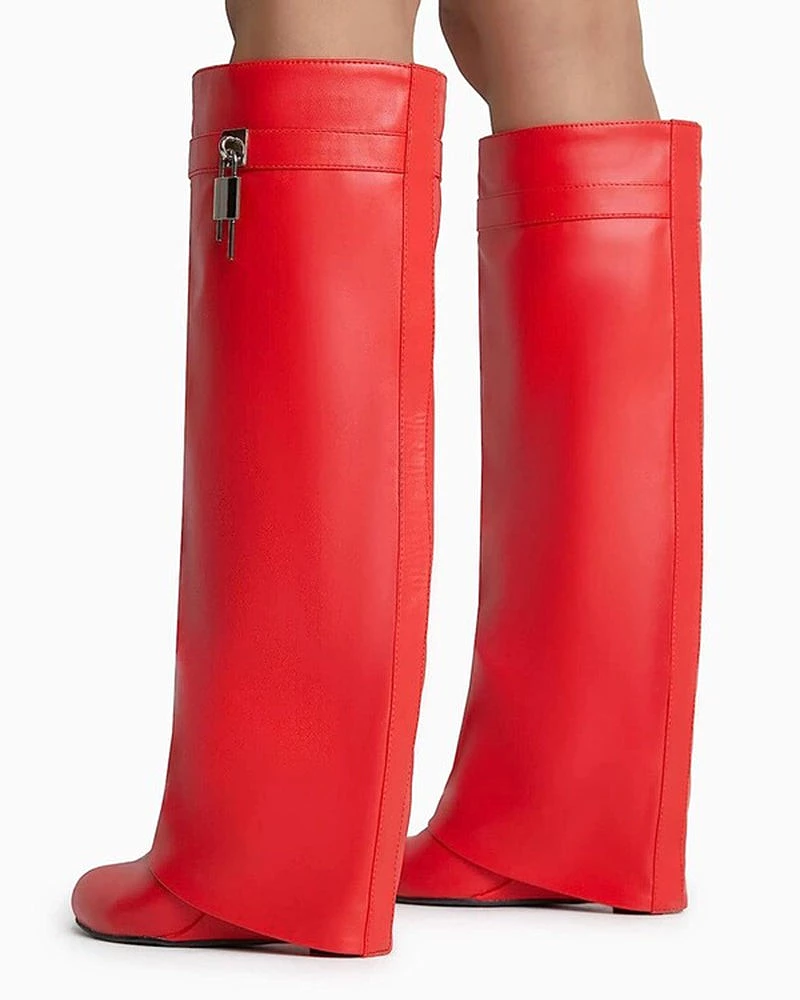 Decorative Lock Knee High Fold Over Boots