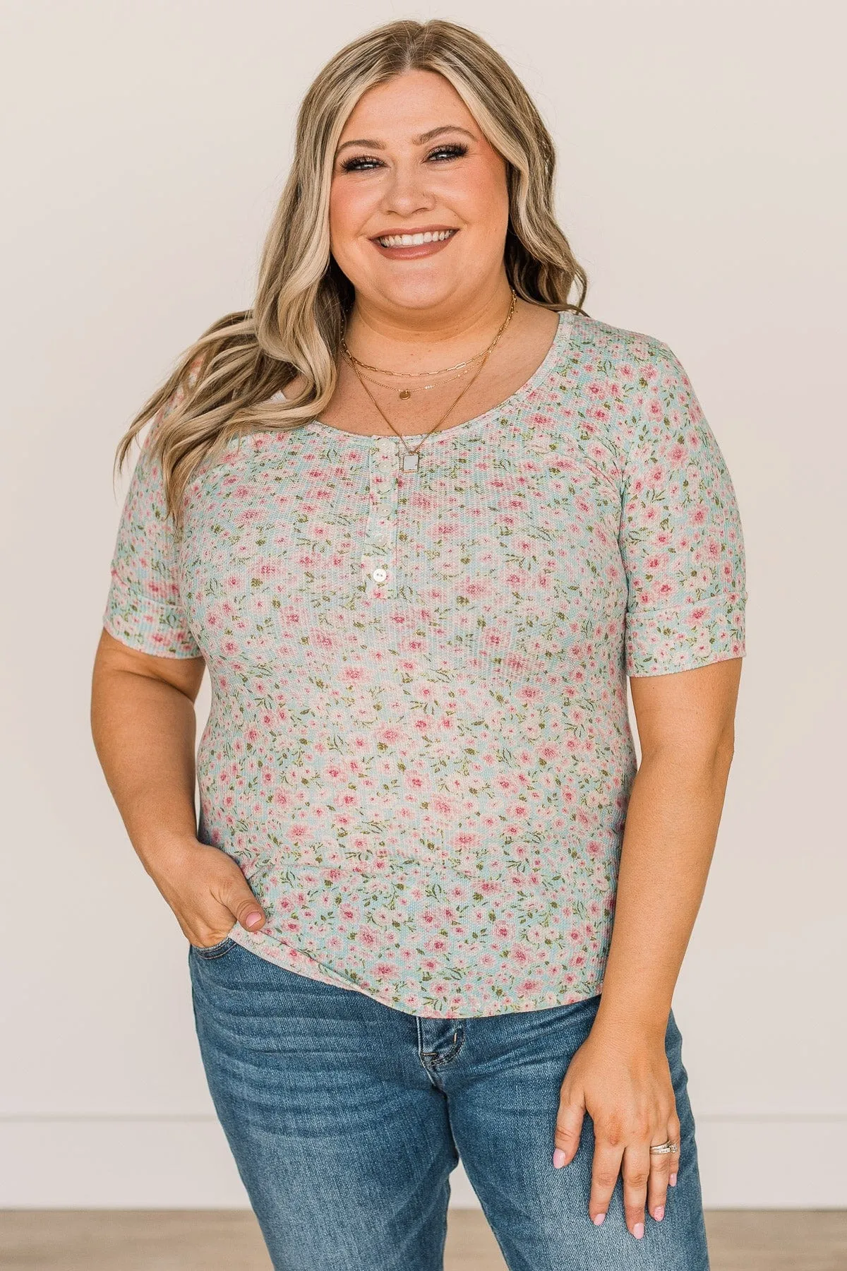 Dream On Floral Button Top- Mint Blue & Pink