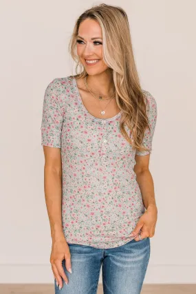 Dream On Floral Button Top- Mint Blue & Pink