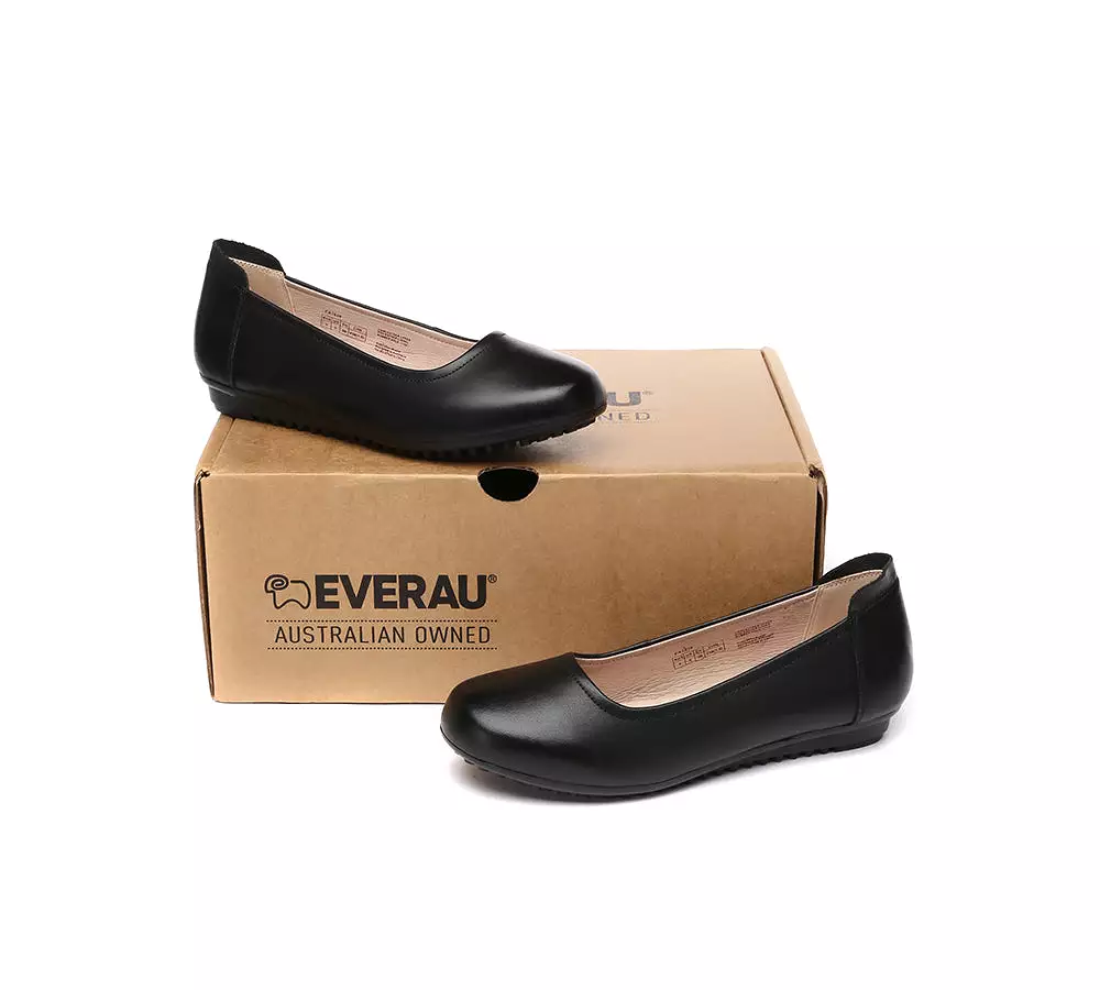 EVERAU Women Leather Round Toe Black Work Ballet Flats Fern