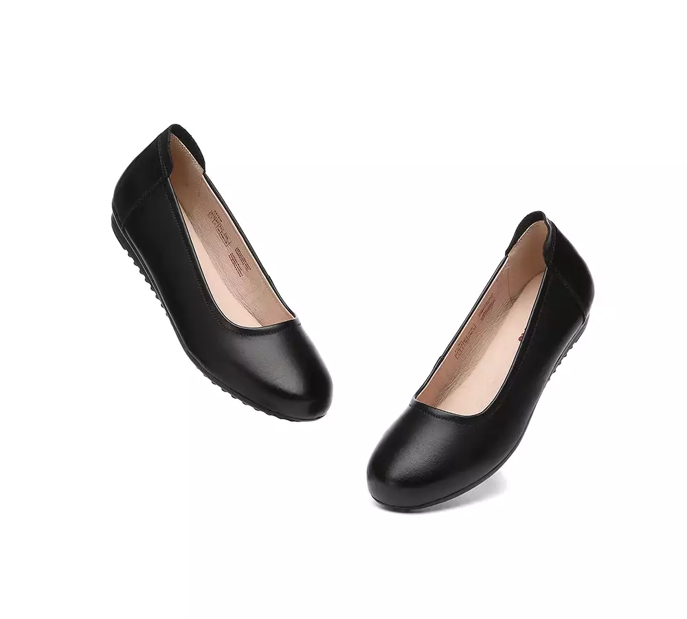 EVERAU Women Leather Round Toe Black Work Ballet Flats Fern