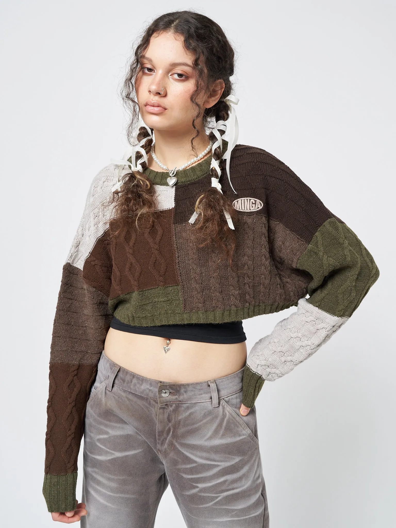 Gigi Patchwork Cable Knit Crop Jumper