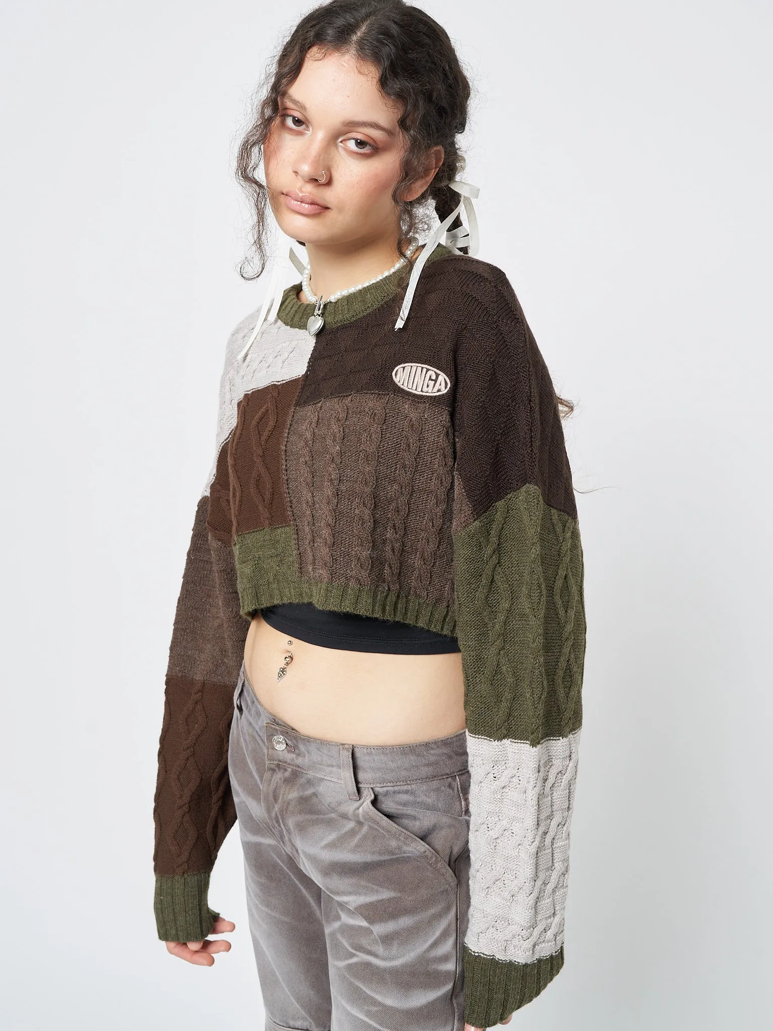 Gigi Patchwork Cable Knit Crop Jumper