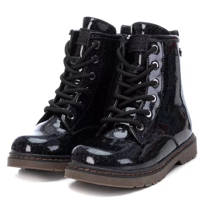 Girls XTI Boots Black Faux Patent Ankle Inside Zip Vegan 6 Eyelet 150061 sale