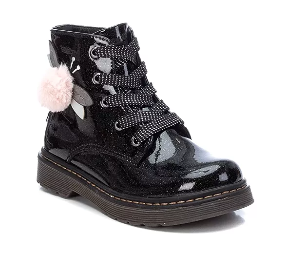 Girls XTI Boots Black Glitter Faux Patent Ankle Inside Zip 5 Eyelet 150212 sale