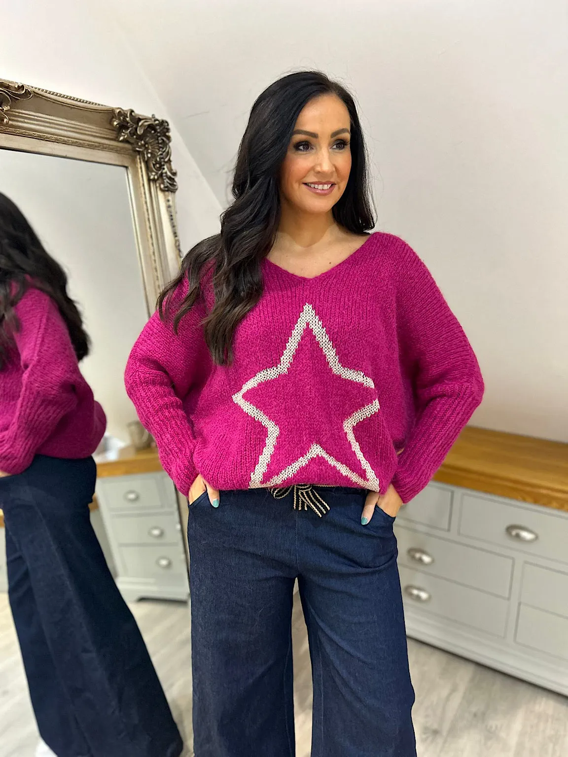 Grape V Neck Shimmer Star Knit Fiona