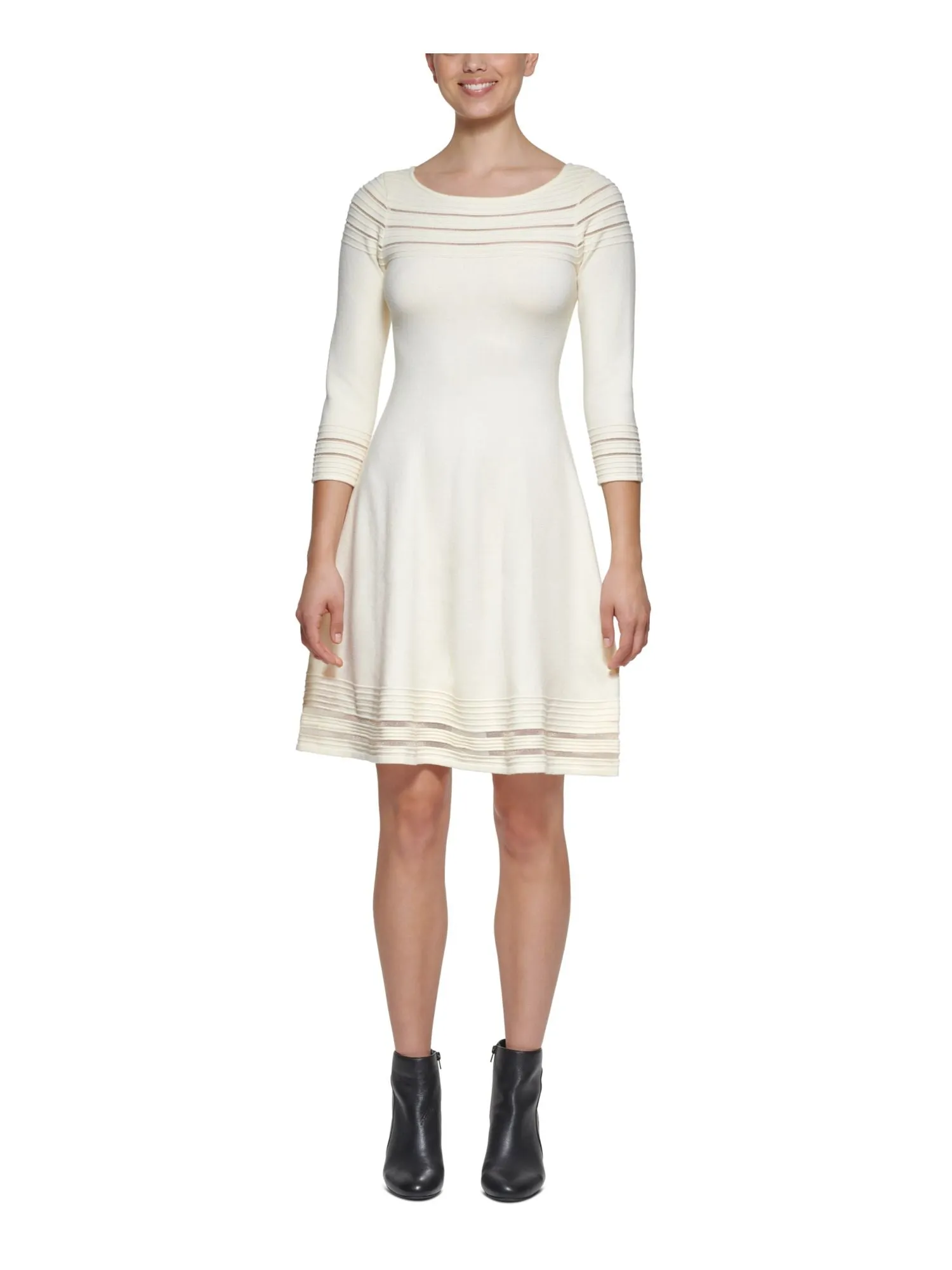 JESSICA HOWARD Womens Beige Knit Textured Ribbed Mesh Inserts Sweater 3/4 Sleeve Round Neck Above The Knee Party Dress