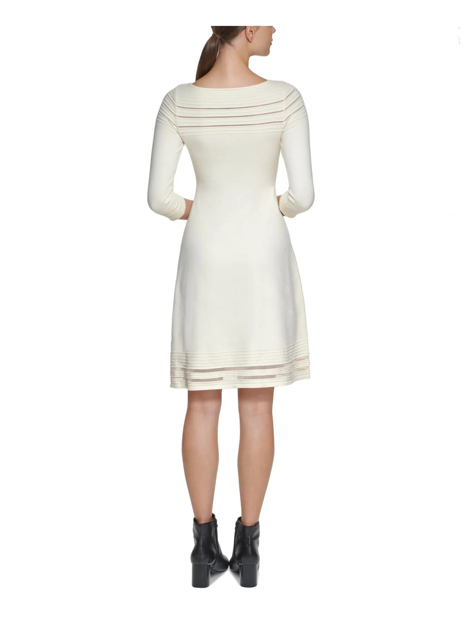 JESSICA HOWARD Womens Beige Knit Textured Ribbed Mesh Inserts Sweater 3/4 Sleeve Round Neck Above The Knee Party Dress