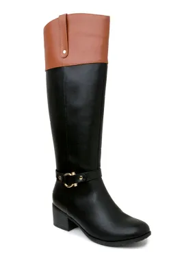 KAREN SCOTT Womens Black Croc Harness Straps Ring Hardware Cushioned Comfort Vickyy Almond Toe Block Heel Zip-Up Riding Boot