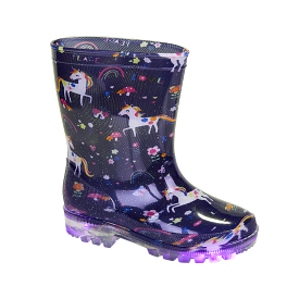 Kids Wellington Welly Boots Mystic Navy Light Up Unicorn Girls 8-2