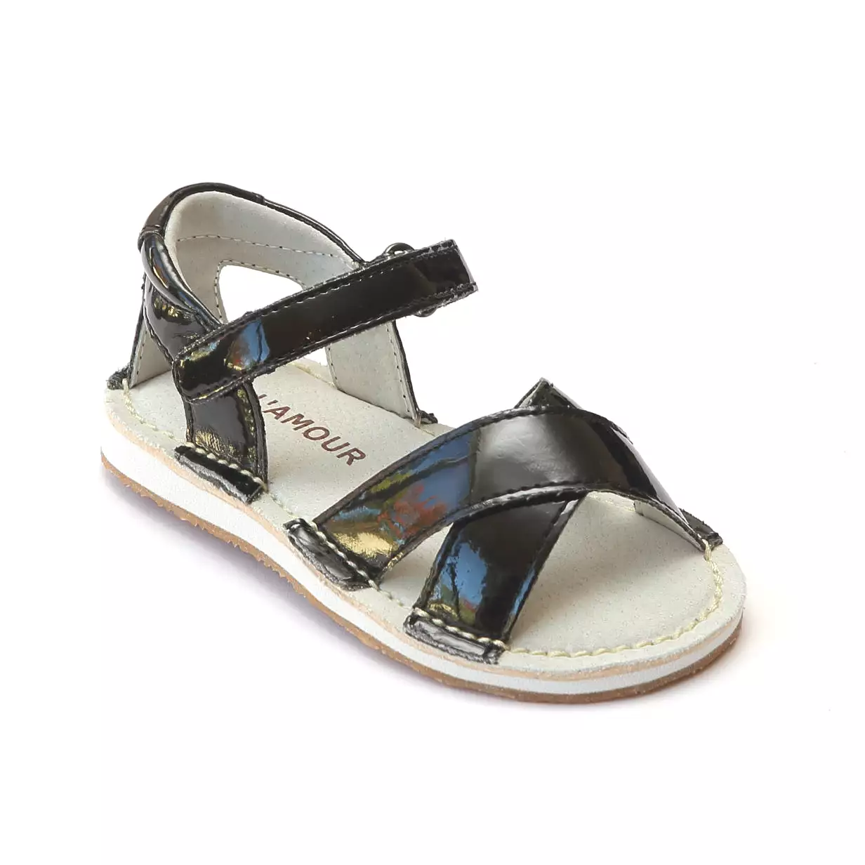 L'Amour Girls Patent Black Crisscross Sandals