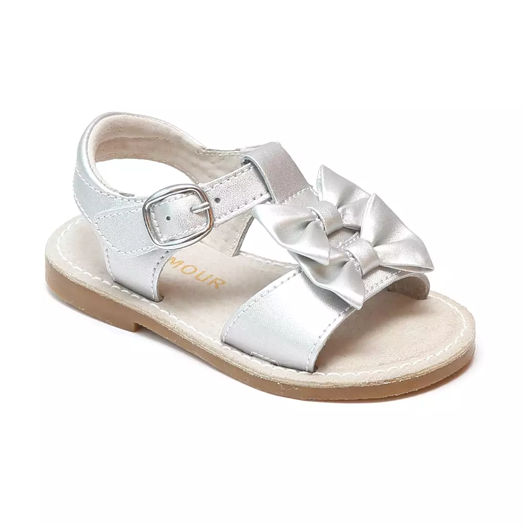 L'Amour Girls Serena Double Bow Open Toe Leather Sandals