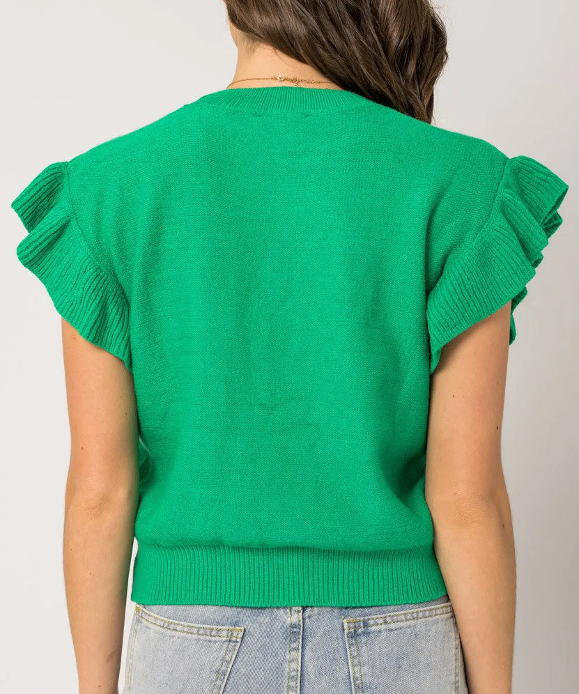 Ruffle Sleeve Knit Top - Green - FINAL SALE