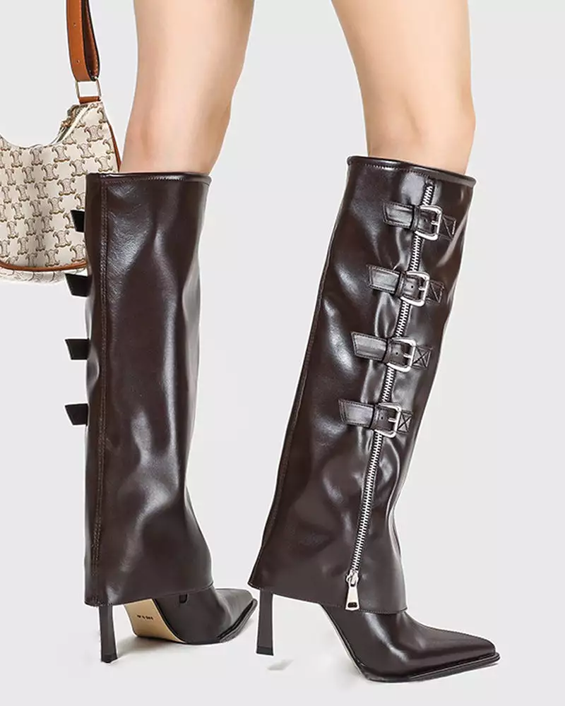 Side Zipper Knee High Fold Over Stiletto Heel Boots