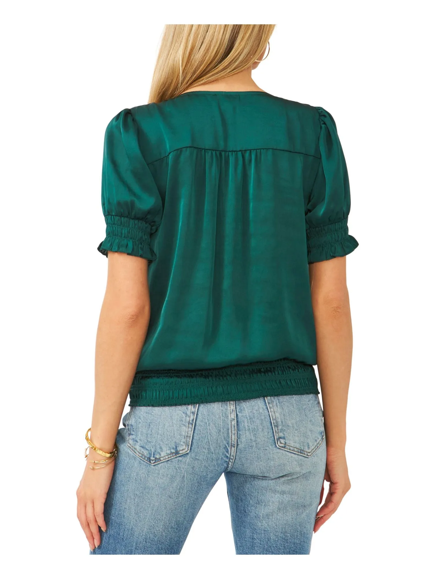 VINCE CAMUTO Womens Green Smocked Pleated Silk Short Sleeve V Neck Wear To Work Blouse