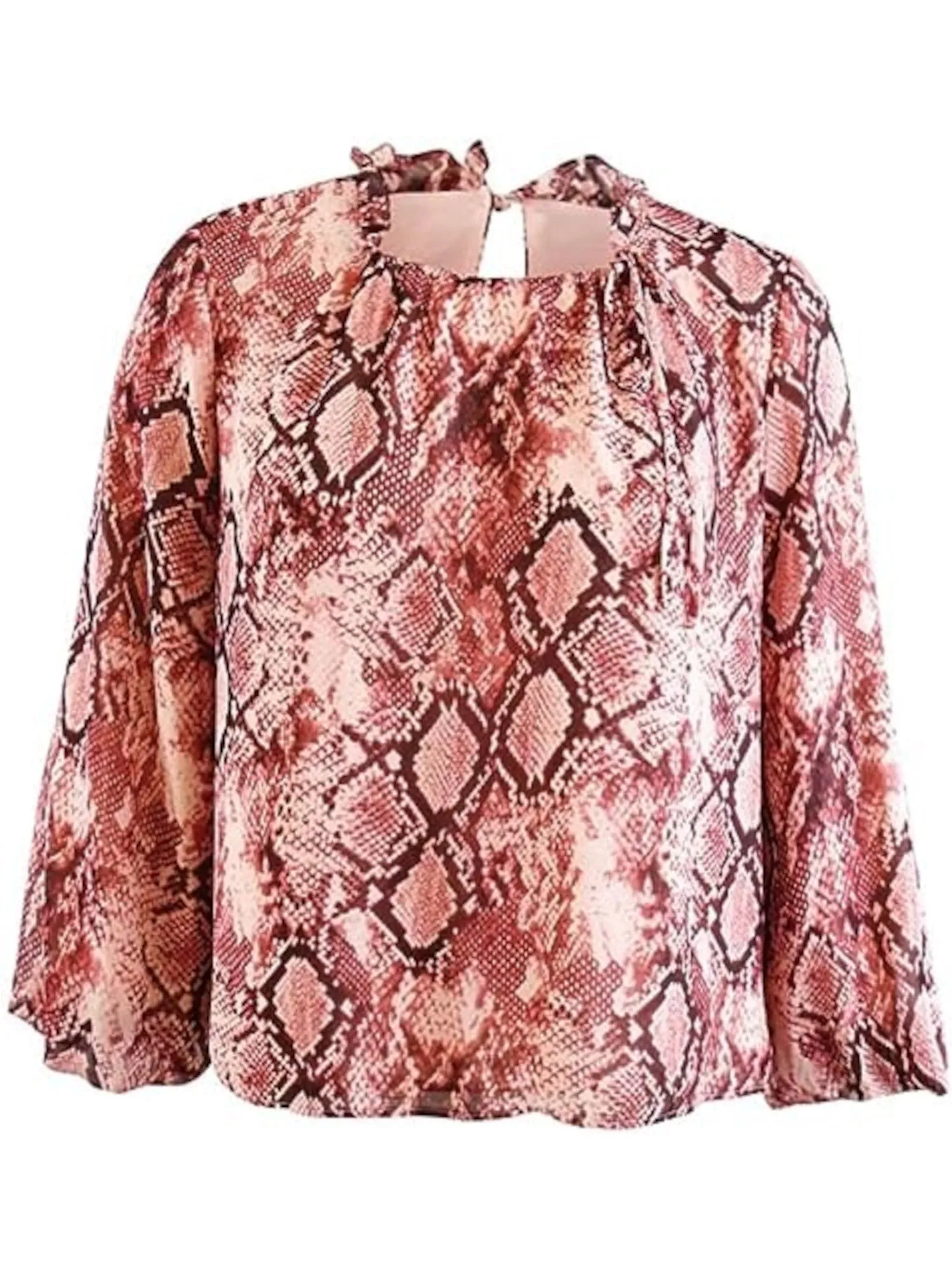 VINCE CAMUTO Womens Pink Tie Ruffled Keyhole Back Lined Balloon Sleeve Jewel Neck Blouse