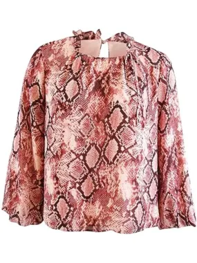 VINCE CAMUTO Womens Pink Tie Ruffled Keyhole Back Lined Balloon Sleeve Jewel Neck Blouse