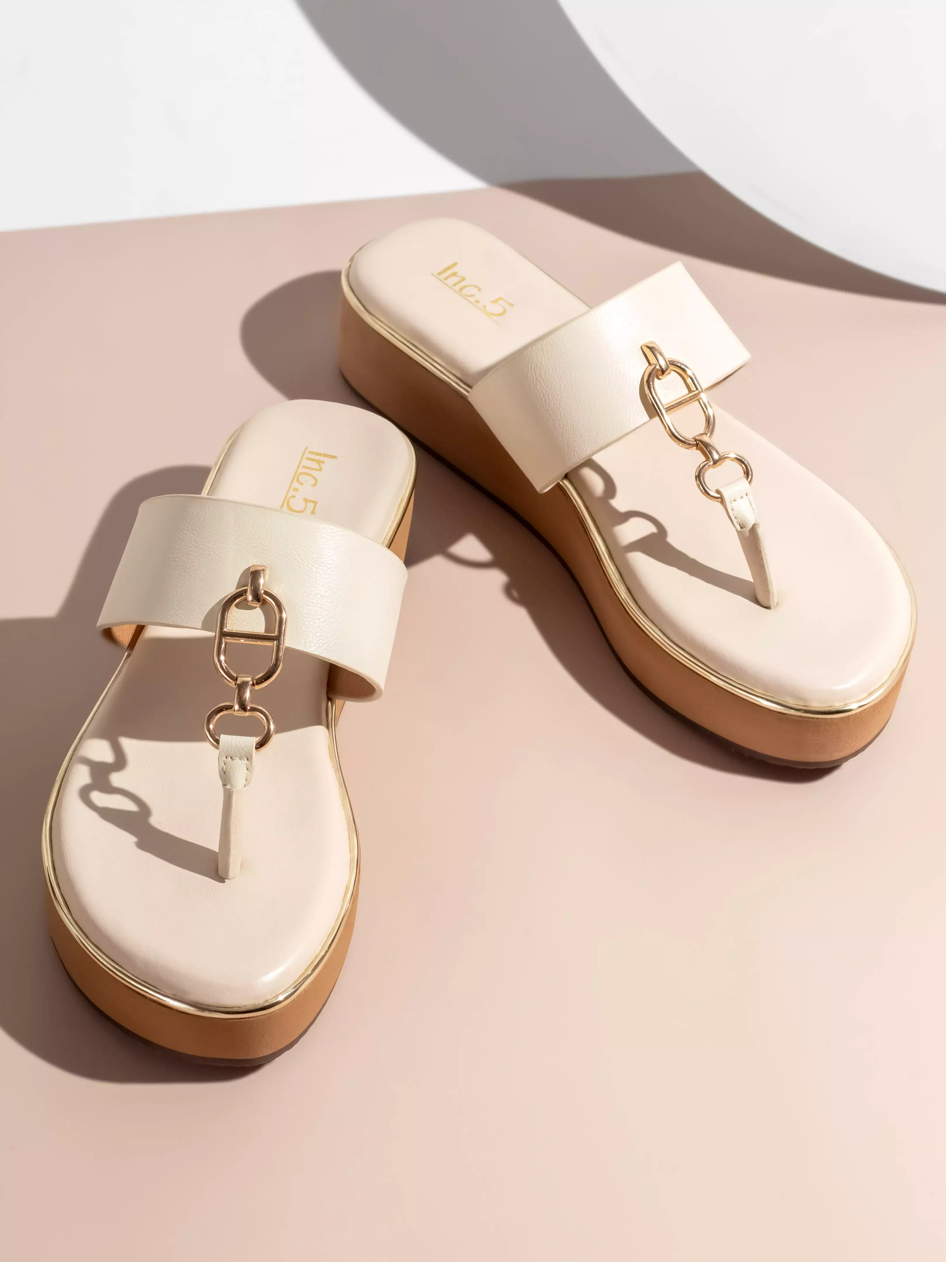 Women Cream And Gold-Toned  Open Toe Comfort Sandals with Buckles