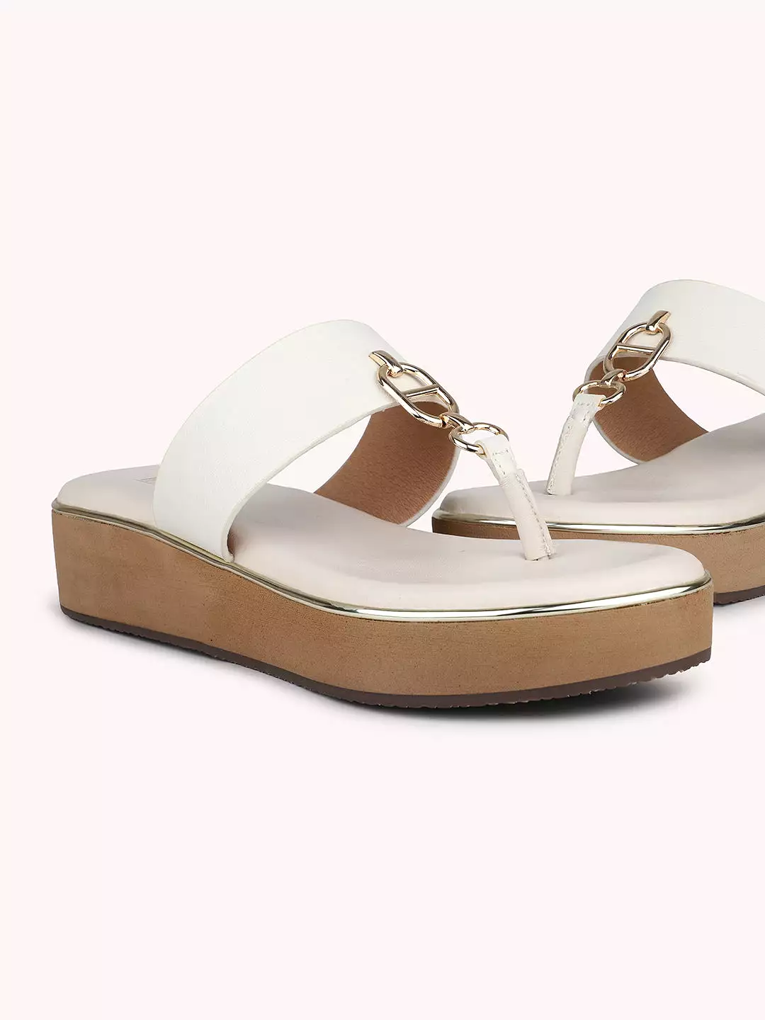 Women Cream And Gold-Toned  Open Toe Comfort Sandals with Buckles