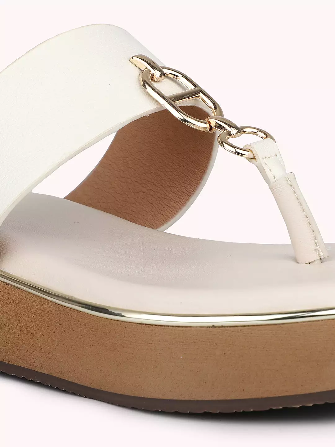 Women Cream And Gold-Toned  Open Toe Comfort Sandals with Buckles