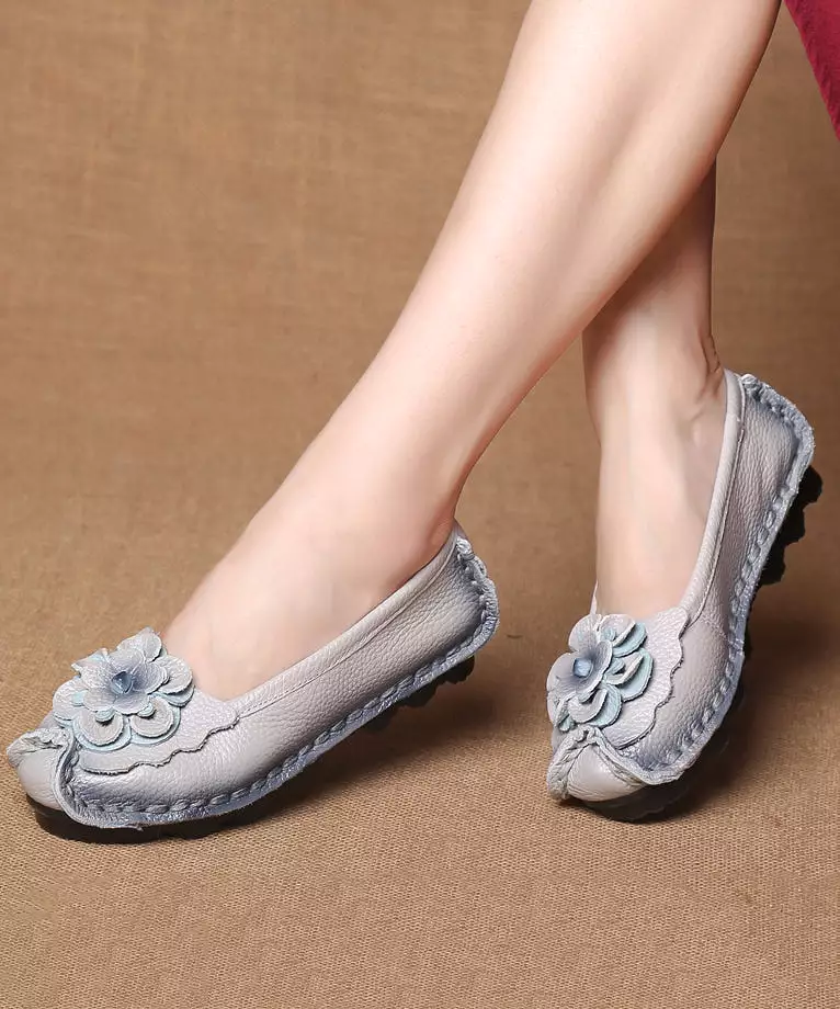 Women Navy Faux Leather Flower Splicing Flat Feet Shoes SL1028