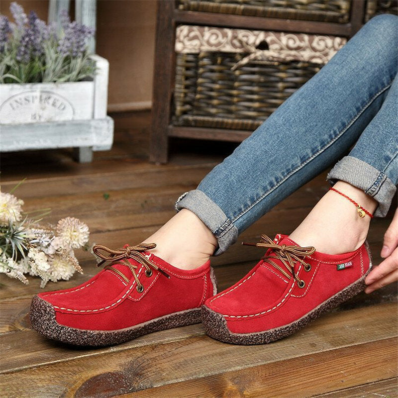 Women Suede Lace-up Flats Leather Loafer Boat Shoes Casual Comfortable Soft Shoes Camping Hiking Travel