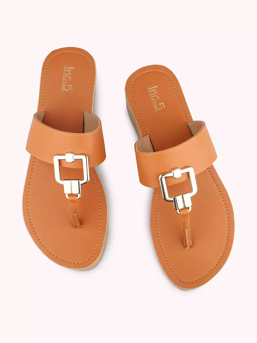 Women Tan T-Strape Open Toe Comfort Sandals with Buckles