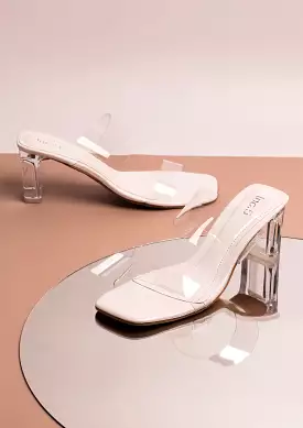 Women White Two Strape Transparent Block Heel Sandals