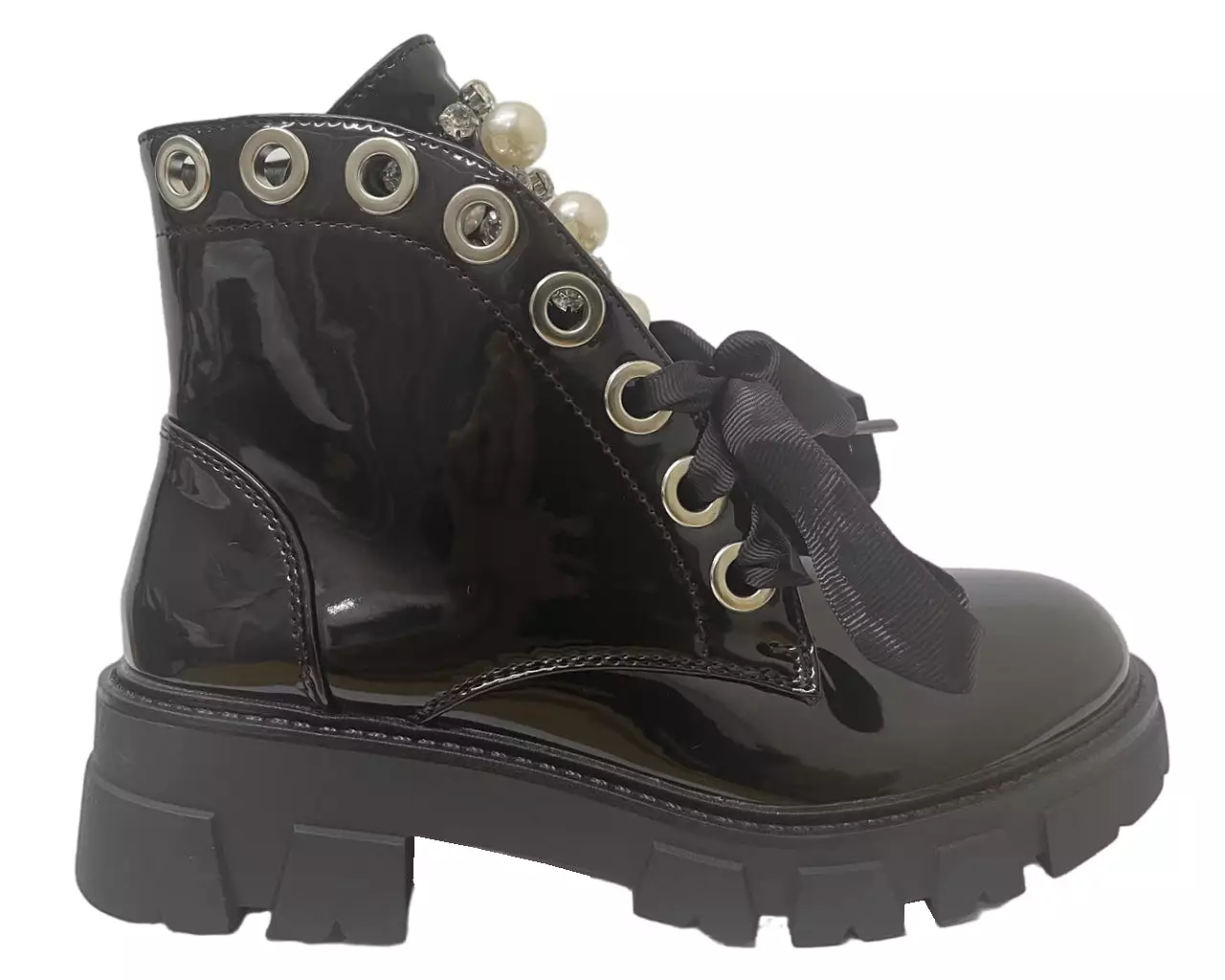 Women's Faux Patent Leather Thick Lace Pearls Ankle Boots