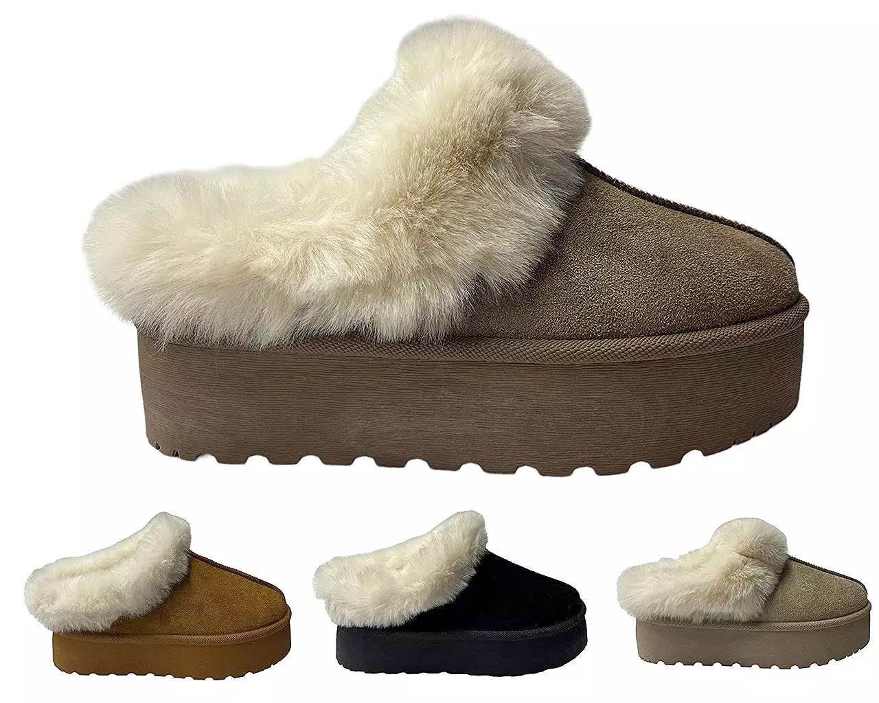 Women's Faux Suede Platform Slip On fur Slippers